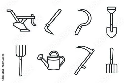 Farming tools linear icons set – outline, agriculture and gardening tool symbols