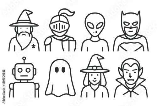 Fictional characters linear icons set – outline, fantasy and mythical symbols