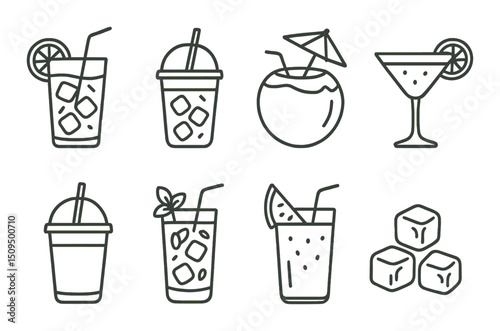 Refreshing summer beverages outline icons set – drinks, cocktails, and juice graphics