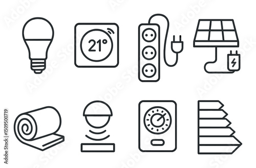 Energy saving devices linear icons set – efficiency, eco-friendly and sustainability symbols