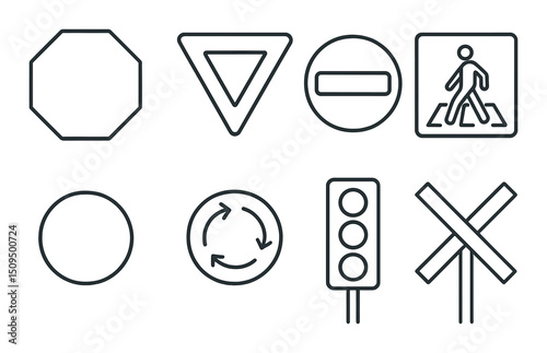 Traffic and road safety linear icons set – outline, highway and transport symbols