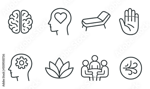 Mental health line icons set – outline, wellness, therapy symbols for mindfulness
