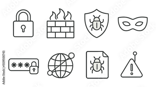 Cybersecurity outline icons set – protection, security, and threat symbols