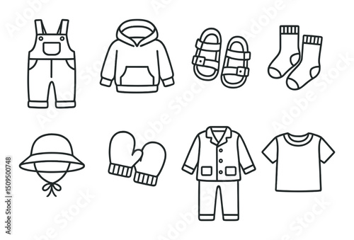 Children's clothing outline icons set – apparel, kids fashion, garment symbols