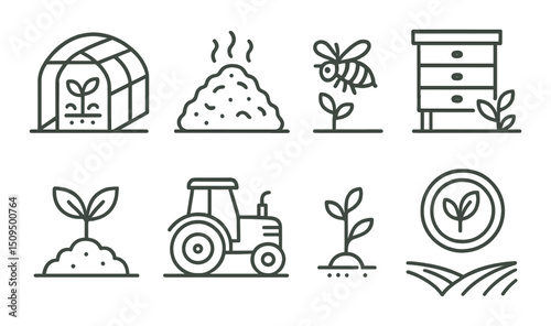 Sustainable farming outline icons set – eco, agriculture and green living symbols
