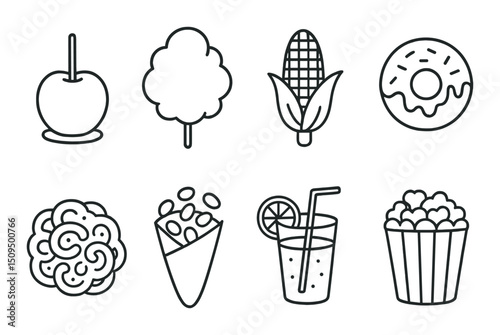 Festival treats outline icons set – silhouette food symbols for celebrations and events
