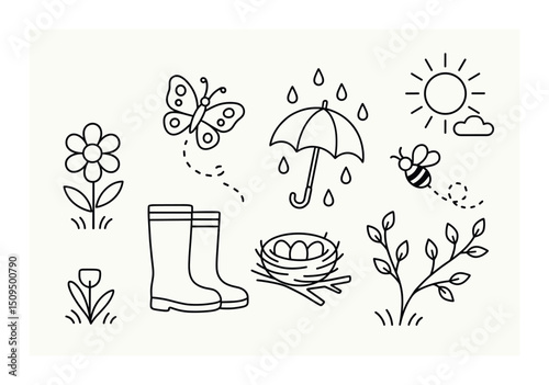 Spring elements line icons set – outline, seasonal nature and floral symbols