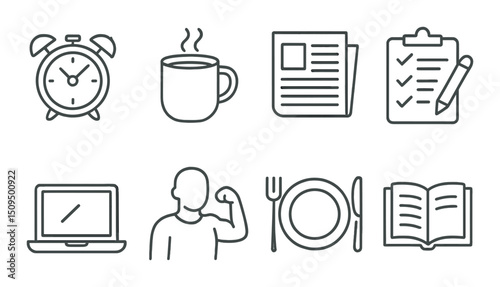 Daily routine outline icons set – simple lifestyle, everyday activity symbols