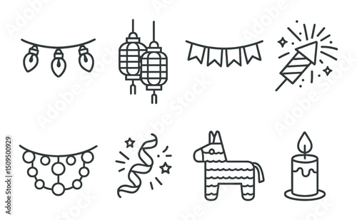 Festive decorations silhouette icons set – celebration, holiday, party elements