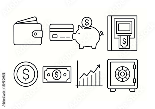 Financial and banking line icons set – money, currency, and investment symbols