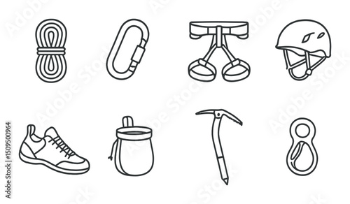 Climbing gear outline icons set – mountain, hiking and outdoor adventure symbols