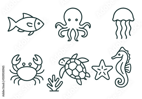 Aquatic life outline icons set – marine, ocean, and sea creature symbols