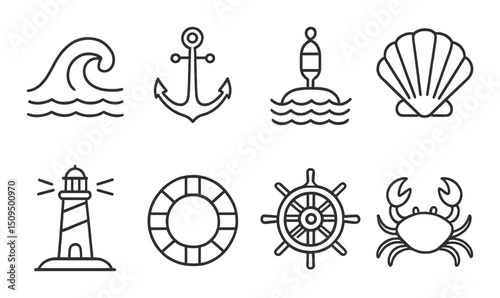 Ocean and maritime linear icons set – outline, nautical and marine symbols collection