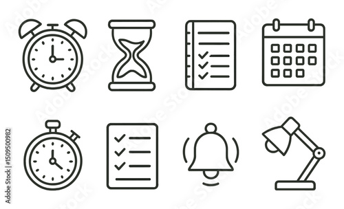 Time management linear icons set – schedule, organization, and productivity symbols