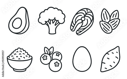 Healthy foods line icons set – outline, nutrition and diet symbols