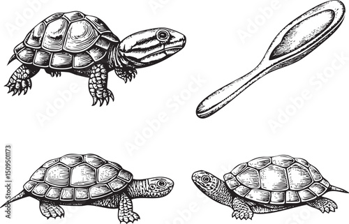 Three tortoises stand attentively on a white background.