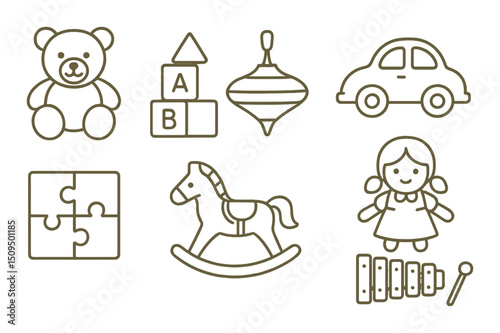 Toys linear icons set – outline, playthings and childhood essentials collection