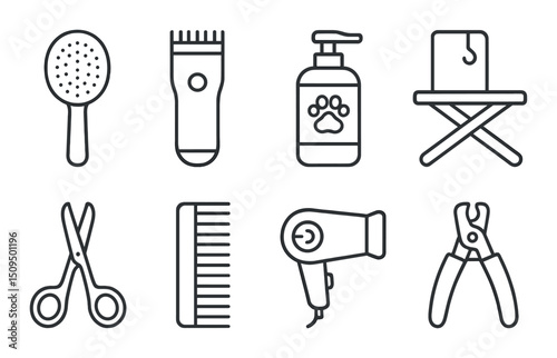 Pet grooming linear icons set – outline, care and hygiene symbols