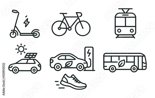 Sustainable transport outline icons set – eco-friendly commuting and green mobility symbols