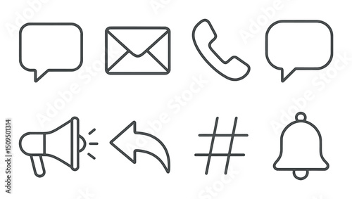 Communication linear icons set – outline, message, and contact symbol collection