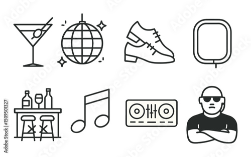 Nightlife and entertainment outline icons set – silhouette, clubbing and party symbols