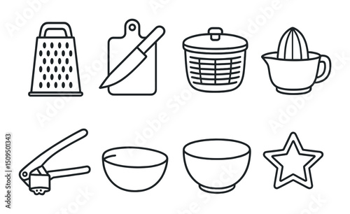 Kitchen tool outline icons set – cooking, culinary, and utensil symbols for chefs
