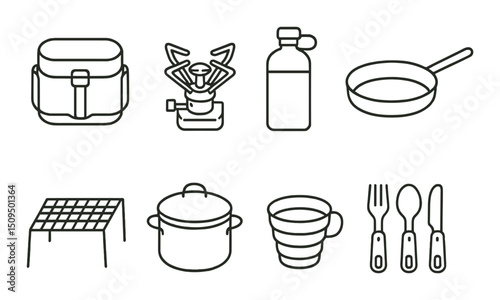 Camping gear outline icons set – outdoor, adventure equipment symbols