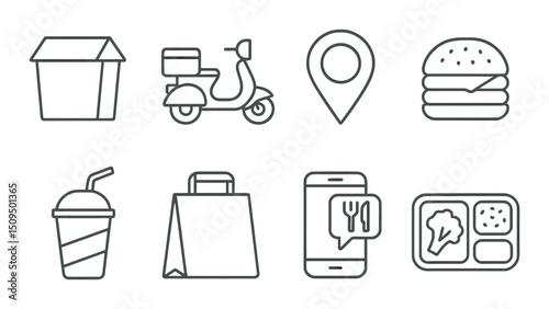 Food delivery outline icons set – linear, meal and takeaway symbols for restaurants