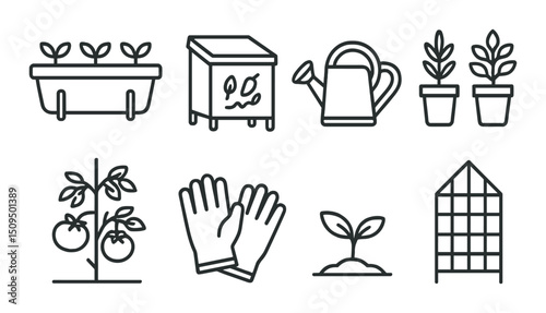 Urban gardening outline icons set – plant care, horticulture and sustainability symbols