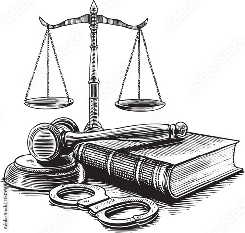 vintage depicts a set of scales gavel and handcuffs.
