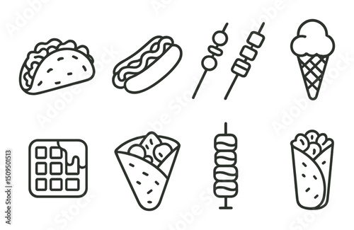 Street food outline icons set – silhouette, snacks, and fast food graphics