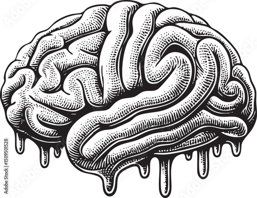 detailed black and white of a stylized brain with flowing dripping elements.