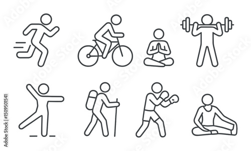 Fitness and activity line icons set – silhouette, exercise and sport symbols