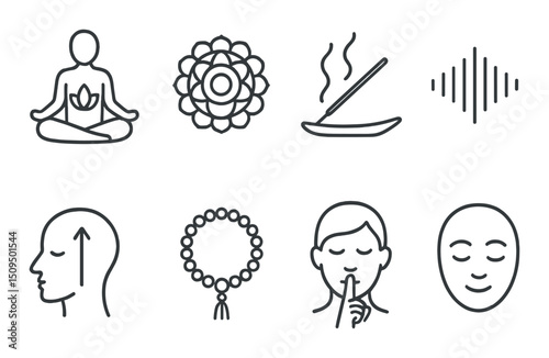 Meditation and wellness linear icons set – outline, mindfulness and relaxation symbols