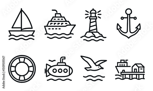Ocean and nautical linear icons set – outline, marine and sea symbols