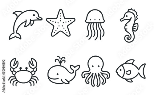 Marine life silhouette icons set – sea, aquatic, ocean animal symbols
