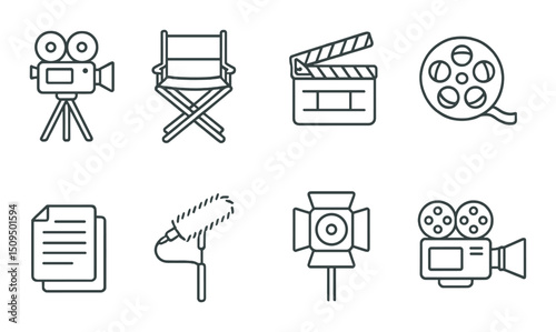 Filmmaking essentials outline icons set – cinema, movie, and film production graphics