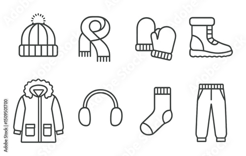 Winter clothing outline icons set – linear, apparel and cold weather symbols