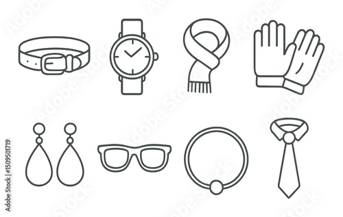 Accessories linear icons set – outline, fashion and accessory symbols for design