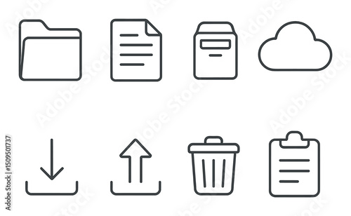 File management icons set – outline, organization, data handling symbols