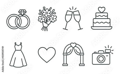 Wedding and celebration outline icons set – silhouette, romantic and festive symbols