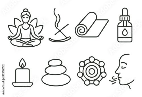 Wellness and relaxation line icons set – outline, meditation and spa symbols
