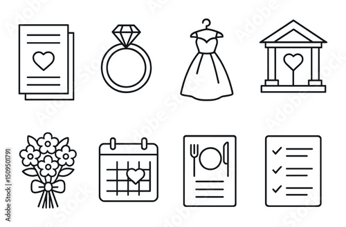 Wedding planning outline icons set – ceremony, celebration, and event symbols