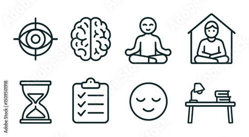 Mindfulness and meditation linear icons set – outline, wellness and relaxation symbols