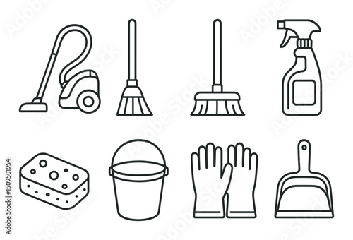 Home cleaning outline icons set – detailed, household and sanitation symbols