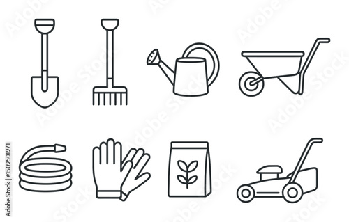 Garden tools icons set – outline, horticulture and landscaping symbols