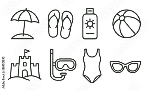 Beach essentials outline icons set – summer, vacation and seaside symbols