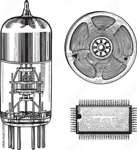 detailed showcases a vacuum tube with intricate internal components and a circular fan.