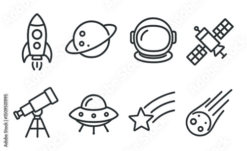 Space exploration outline icons set – celestial, astronomy and interstellar symbols