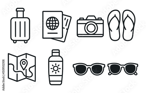 Travel essentials outline icons set – line art, vacation and trip planning symbols